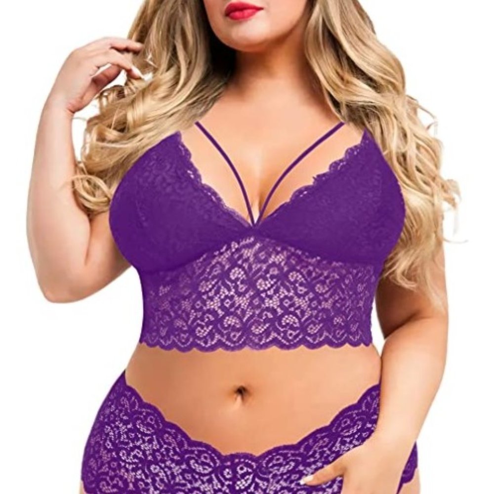 Women's Plus Size Purple Lace Mesh Floral Underbust Band Bra Panty Lingerie Set
